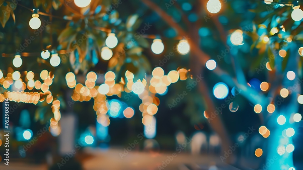 Poster vintage tone blur image of night festival in garden with bokeh for background usage : Generative AI