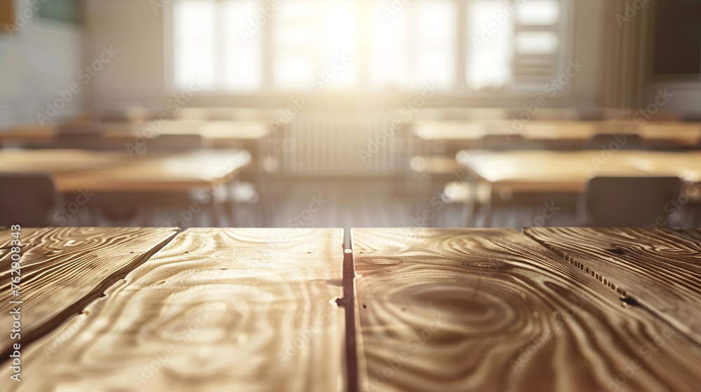 Aufkleber Rustic wooden table in a classroom setting perfect for displaying educational products or designs Tabletop view on blurred background with empty tables and atmospheric light Flawless : Generative AI