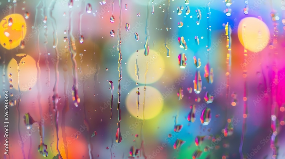 Aufkleber closeup through window of rainy day with water dripping down glass against blurred colorful backgrou