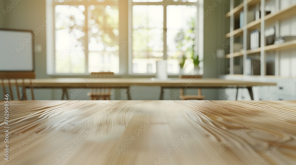 Poster cropped shot of wooden table with books stationery and copy space in blurred study roomempty classro