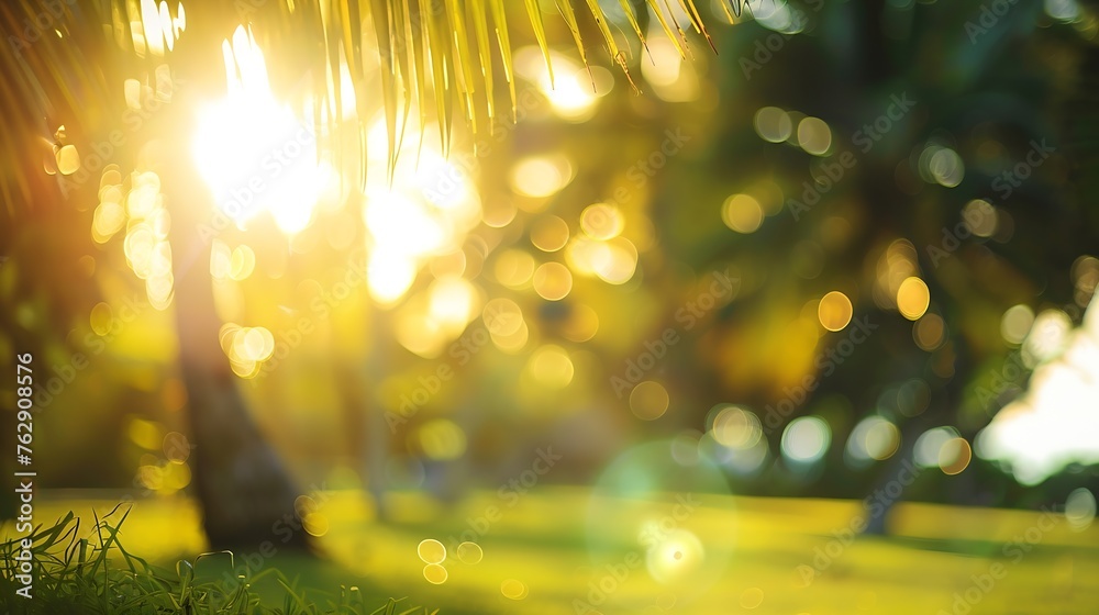 Poster blur nature bokeh green park by beach and tropical coconut trees in sunset time : generative ai