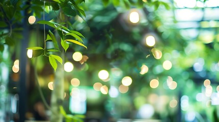 Blurred image coffee shop tree light bokeh abstract background Hallway cafe lights bokeh glows interior natural green trees garden decor glass wall and roof at shopping mall bright col : Generative AI - obrazy, fototapety, plakaty