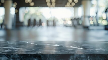 Empty black marble stone table top on blurred with bokeh Exercise room fitness and gym interior...