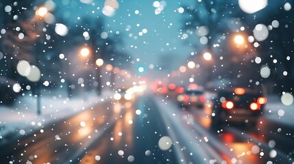 Blurred background City view lights falling snow night street bokeh spots of headlights of moving...