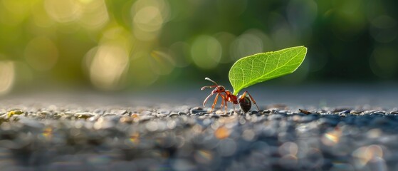 A macro view of an ant carrying a leaf piece, demonstrating strength and determination, - obrazy, fototapety, plakaty