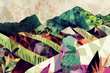 An artistic interpretation of a rice farmer integrated into an abstract landscape of geometric patterns and botanical shapes, capturing the essence, Generative AI