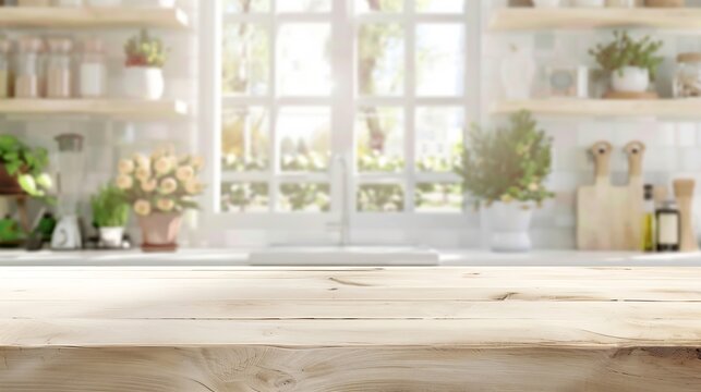 Wood table top on blur kitchen window background panoramic banner  can be used for display or montage your products or foods : Generative AI