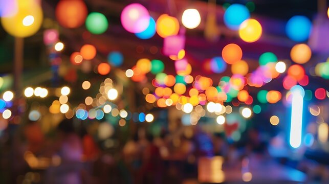 abstract blur image of night festival in a restaurant and The atmosphere is happy and relaxing with bokeh for background : Generative AI