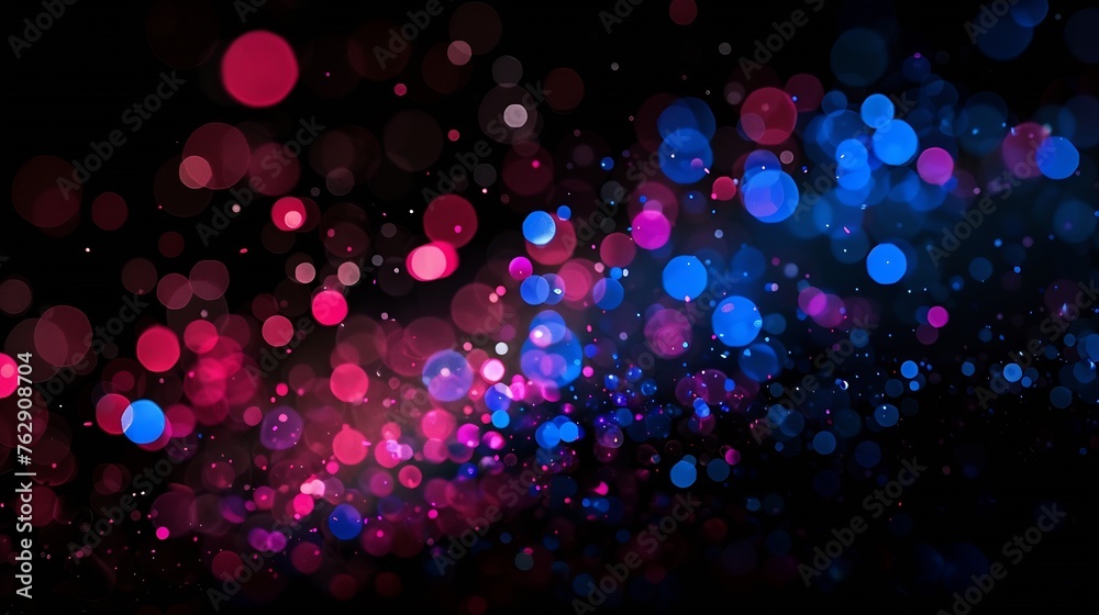 Aufkleber Color bokeh light Defocused glow overlay Blur pink blue red neon glow flecks soft texture on dark black abstract background with free space : Generative AI