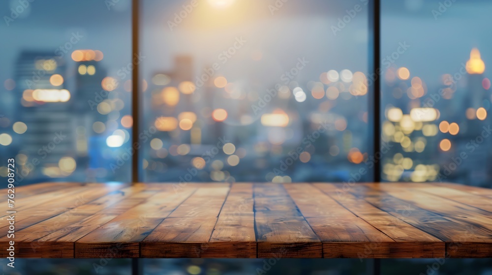 Aufkleber selective focustop of wood table with window glass and cityscape backgroundfor montage product displ