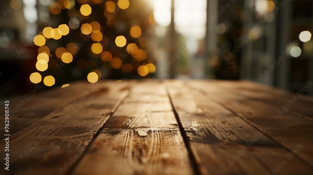 Poster The empty wooden brown table top with blur background of home room in winter Exuberant image : Generative AI
