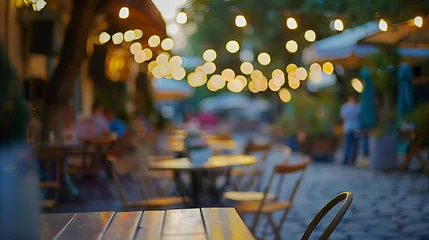 Foto op Canvas Blurred abstract background of outdoor cafe or restaurant Outdoor cafe with tables and chairs Street cafe in the evening in Kiev Customers sit at tables in a terrace area outside cafe : Generative AI © Generative AI