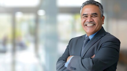 Fototapeta premium Handsome hispanic senior business man with crossed arms smiling aside Indian or latin confident mature good looking middle age leader male businessman on blur office background with co : Generative AI