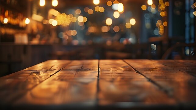 Wood table top Bar with blur light bokeh in dark night caferestaurant background Lifestyle and celebration concepts ideas : Generative AI