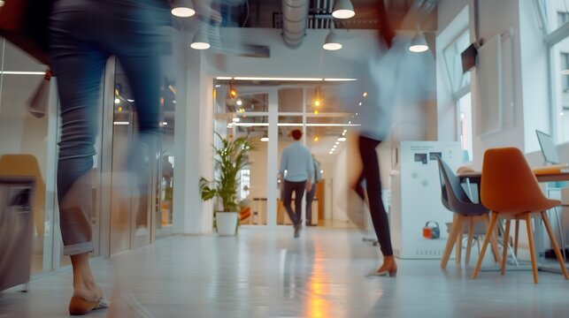 Group of office employees in motion go around at coworking space People in business center walking  at hall Motion blur Wide image : Generative AI