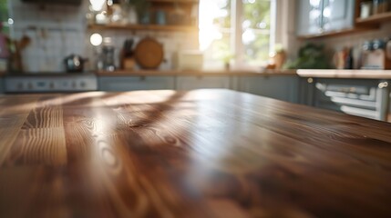 Fototapeta na wymiar beautiful brown wood table top kitchen interior background and blurred defocused with daylight flare bokeh product montage display : Generative AI