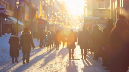 Blurred main street of a large Ukrainian city at sunset golden hour in winter with bright sun crowd of people walking down the street shops city center : Generative AI - obrazy, fototapety, plakaty