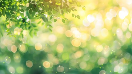 Fototapeta premium Blurred garden in spring nature outdoor background Blur green tree park in summer background banner Defocus spring foliage countryside with abstrct bokeh light wallpaper poster : Generative AI