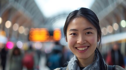 Happy young Asian woman with black hair smiling and looking at camera on blurred background of railway station in London United Kingdom : Generative AI - obrazy, fototapety, plakaty