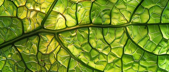 The intricate veins and cells of a green leaf, with sunlight filtering through,