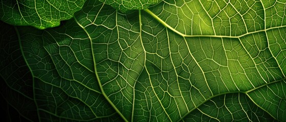 The intricate veins and cells of a green leaf, with sunlight filtering through,