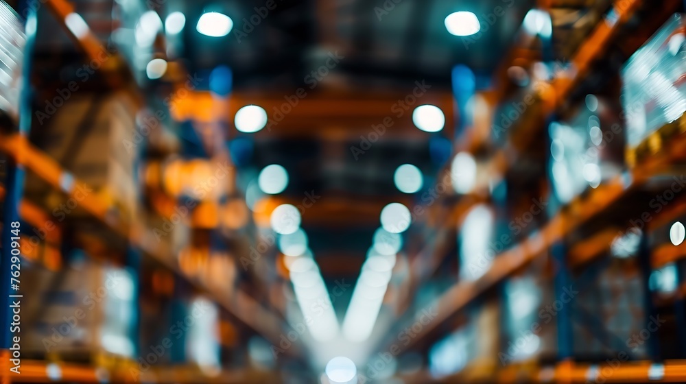 Aufkleber Blur warehouse background Blurred store factory industry warehouse space and hardware box for delivery with bokeh light background business logistic distribution storage cargo concept : Generative AI