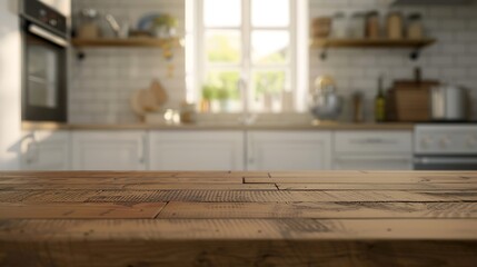 Fototapeta na wymiar Empty Beautiful wood table top and blur bokeh modern kitchen interior background in clean and bright Ready for product montage : Generative AI