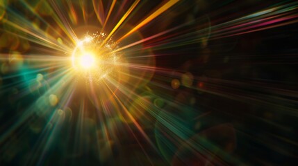 Easy to add lens flare effects for overlay designs or screen blending mode to make highquality images Abstract sun burst digital flare iridescent glare over black background : Generative AI - obrazy, fototapety, plakaty