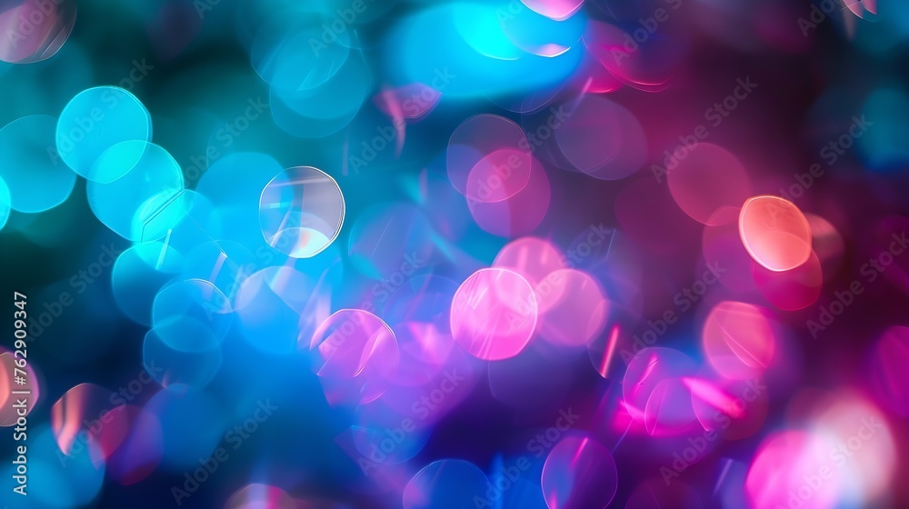 Aufkleber Neon blur glow Color light overlay Disco illumination Defocused blue pink green ultraviolet radiance soft texture on dark abstract empty space background : Generative AI