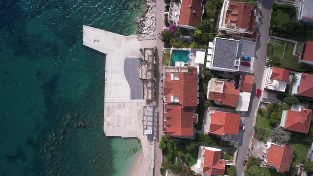 Top Down Aerial View, Beach, Promenade and Beachfront Houses by Adriatic Sea, Herceg Novi, Montenegro