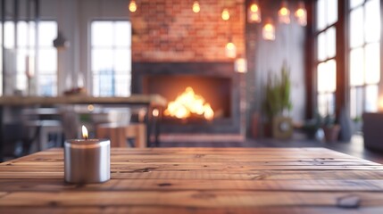 Fototapeta premium Living room interior in loft style with wooden table and burning fireplace at home Motion blurred person passing by : Generative AI