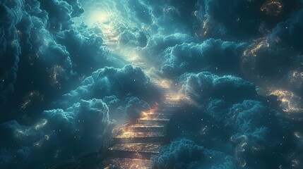 Fototapeta premium Stairway to heaven in heavenly concept. Religion background. Stairway to paradise in a spiritual concept. Stairway to light in spiritual fantasy. Path to the sky and clouds. God light