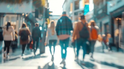 Abstract defocused motion blurred people walking in city street Urban modern background Blur effect...