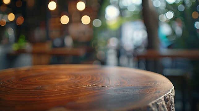 wooden table on cafe bokeh blurred background : Generative AI