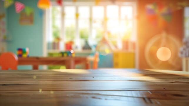 Wooden table with blurred background of kids room and window : Generative AI - Powered by Adobe