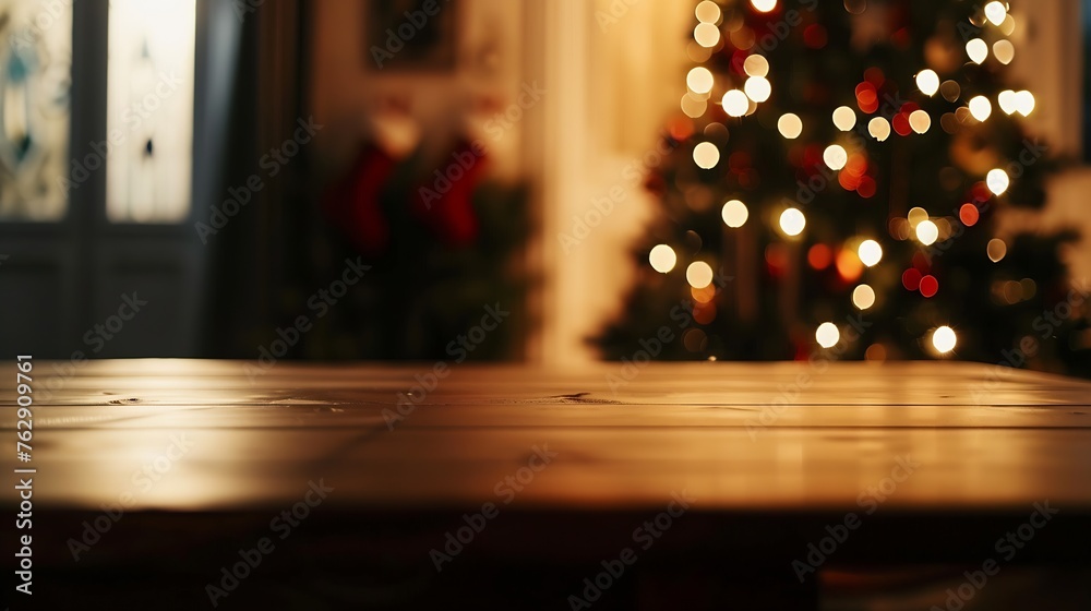 Aufkleber Empty table in front of christmas tree with decoration background : Generative AI