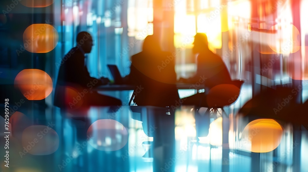Fototapete Businessmen blur in the workplace or work space of table work in office with computer or shallow depth of focus of abstract background : Generative AI