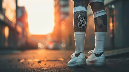 Anonymous person in white black border sock standing in daylight with temporary tattoo of minimal cycle on leg below knee against blurred background : Generative AI