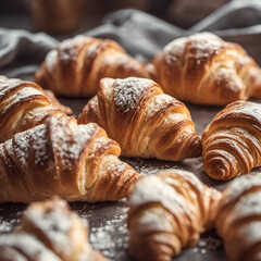 Famous French croissant with yummy look and toppings and fillings, puff pastry food photography 