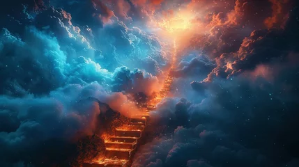 Foto op Canvas Stairway to heaven in heavenly concept. Religion background. Stairway to paradise in a spiritual concept. Stairway to light in spiritual fantasy. Path to the sky and clouds. God light © Jennifer