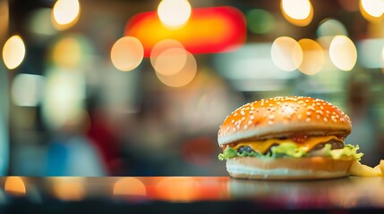 Fast food restaurant burger shop store interior abstract blur background : Generative AI