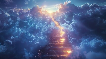 Stairway to heaven in heavenly concept. Religion background. Stairway to paradise in a spiritual concept. Stairway to light in spiritual fantasy. Path to the sky and clouds. God light