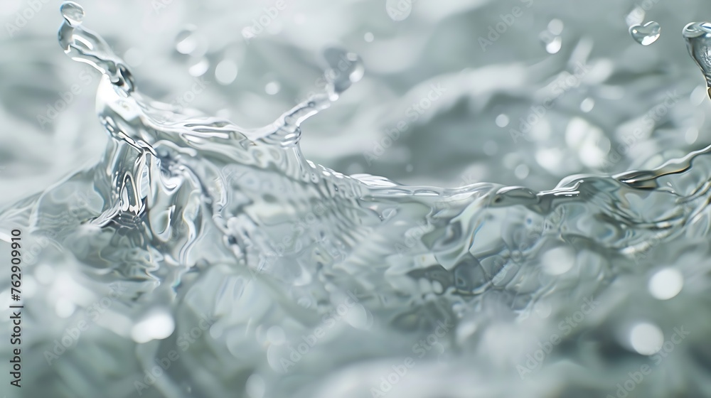 Poster Blurred desaturated transparent clear calm water surface texture with splashes and bubbles Trendy abstract nature background Whitegrey water waves in sunlight : Generative AI