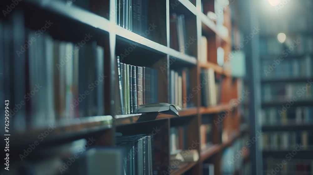 Poster blurred image for background of many books on bookshelf in library : generative ai