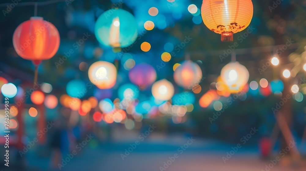 Poster Abstract Blurred image of Night  Festival in garden with bokeh for background usage vintage tone : Generative AI