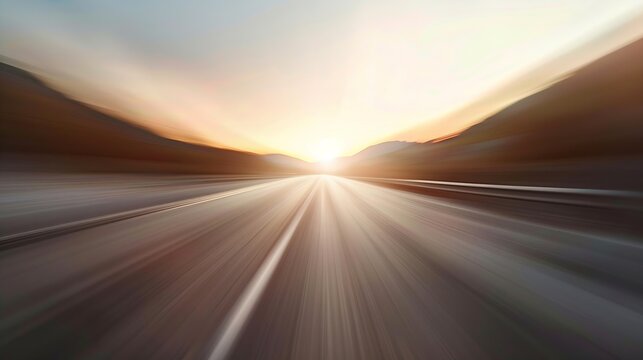 Empty long mountain road to the horizon on a sunny summer day at bright sunset  speed motion blur effect : Generative AI