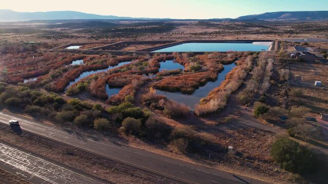 Aerial View of Sedona Wetlands Sewage Wastewater Treatment Facility and Preserve by State Route, Arizona USA