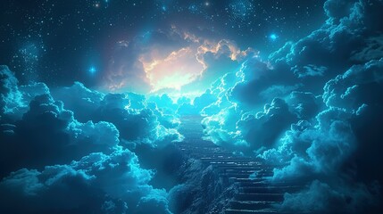Fototapeta na wymiar Stairway to heaven in heavenly concept. Religion background. Stairway to paradise in a spiritual concept. Stairway to light in spiritual fantasy. Path to the sky and clouds. God light