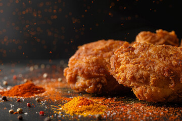 A picture of crispy fried chicken thighs on Cayenne pepper explodes and a black background. - obrazy, fototapety, plakaty