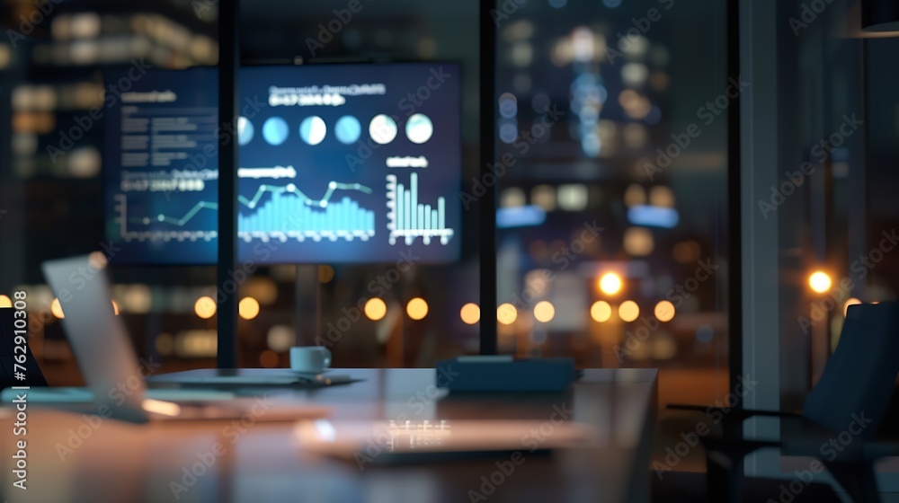 Aufkleber Blurred office background Modern Empty Meeting Room with Big Conference Table with Various Documents and Laptop on it Wall TV Showing Company Statistics Graphs Late Evening or Night Ci : Generative AI